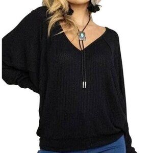 Free People Santa Clara Long Sleeve V-Neck Waffle Knit Thermal in Black - NWT